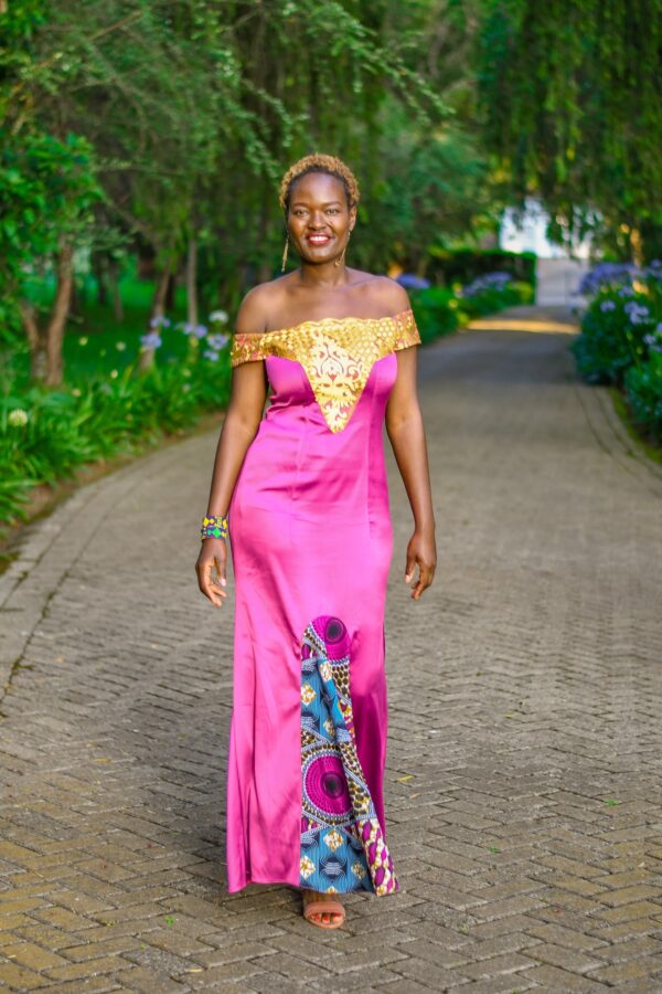 Pink Satin Gown with Kitenge Details