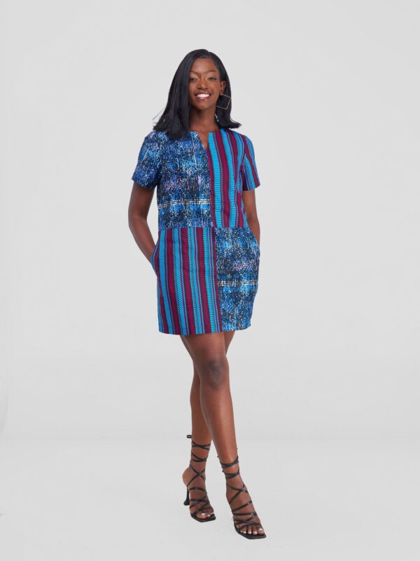 Blue and Red Striped Kitenge Mini Dress